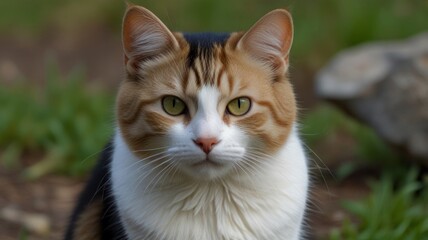 Fototapeta premium Calico cat with green eyes outdoors, looking directly at camera.