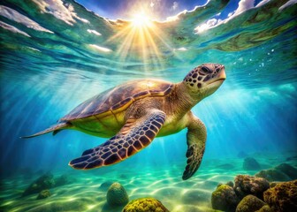 Fototapeta premium Lifelike Hawaiian green sea turtle gliding through vibrant turquoise waters, captured in stunning underwater photography, showcasing the beauty of marine life in its natural habitat.
