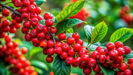 Obraz premium Lively closeup of red berries nestled among vibrant green leaves, creating an ideal natural backdrop for design elements and creative projects. Perfect for inspiration!