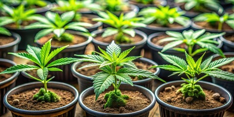 Lively hemp seedlings in pots thrive alongside abundant cannabis plants, showcasing nature's vibrant beauty and the remarkable relationship between these green wonders of growth.