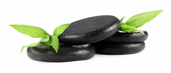 Spa stones and green leaves isolated on white