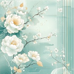 White Peonies with Cherry Blossoms on Mint Green Oriental Background