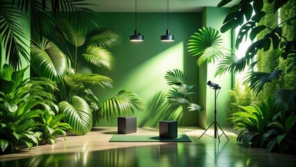 Fototapeta premium Lush tropical green backdrop enhances fashion photography, featuring vibrant leaves and dynamic shadows, perfect for showcasing products in a fresh, captivating environment.