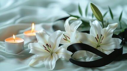 White lilies, black ribbon, and candles on silk fabric.