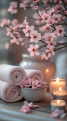 Spa decor with cherry blossoms and candles