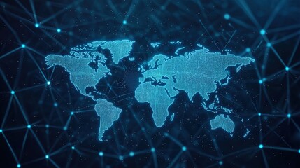 A digital map of the world in blue tones, interconnected by a network of glowing lines and binary code, symbolizing data and connectivity.