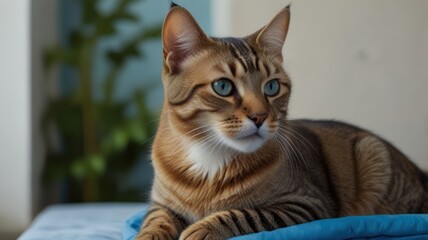 Close-up of a beautiful tabby cat with striking blue eyes, lying down on a blue surface.