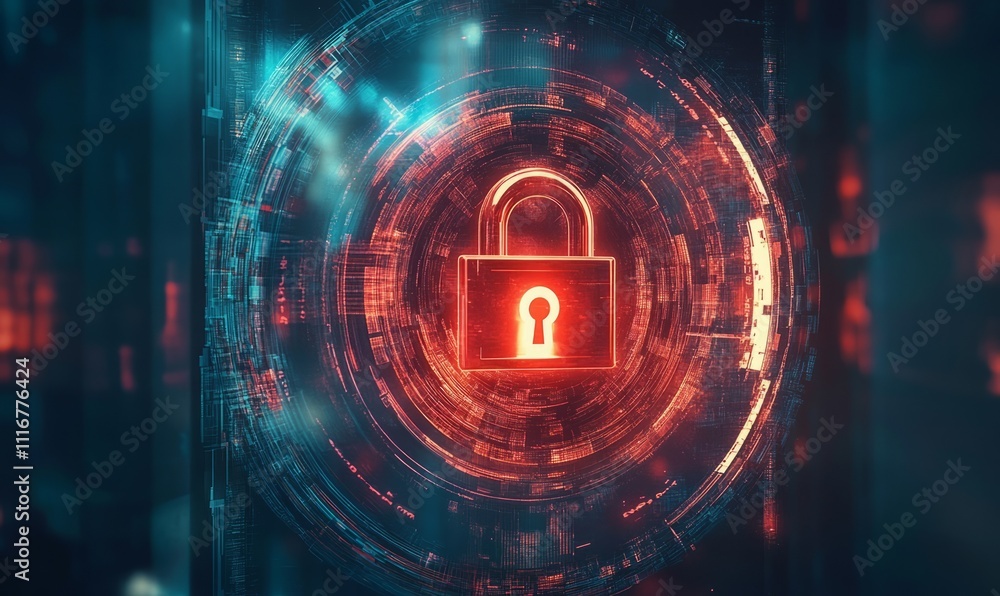 Poster in this digital security background, a high-tech padlock is enclosed in a glowing technological circ