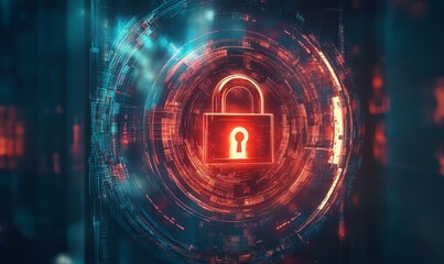 Obraz premium In this digital security background, a high-tech padlock is enclosed in a glowing technological circle, which is ideal for illustrating cybersecurity concepts