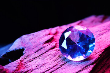 Beautiful shiny gemstone on stone against dark background, closeup