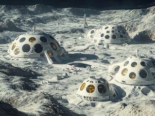 Obraz premium Lunar surface; multiple domed structures; futuristic settlement.