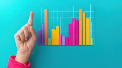 A hand points at a colorful bar chart against a bright blue background, illustrating data trends or statistics.