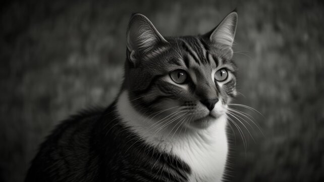 Monochrome portrait of a tabby cat with white chest, looking to the side.