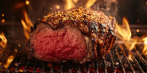 Prime Rib on barbecue grill with fire, sparks and smoke