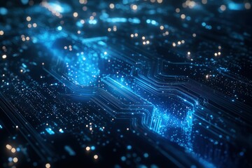 Abstract digital waves in blue tones with glowing circuitry, symbolizing data flow, technology, and artificial intelligence