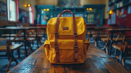 Yellow backpack sits on wooden table in a cafe.