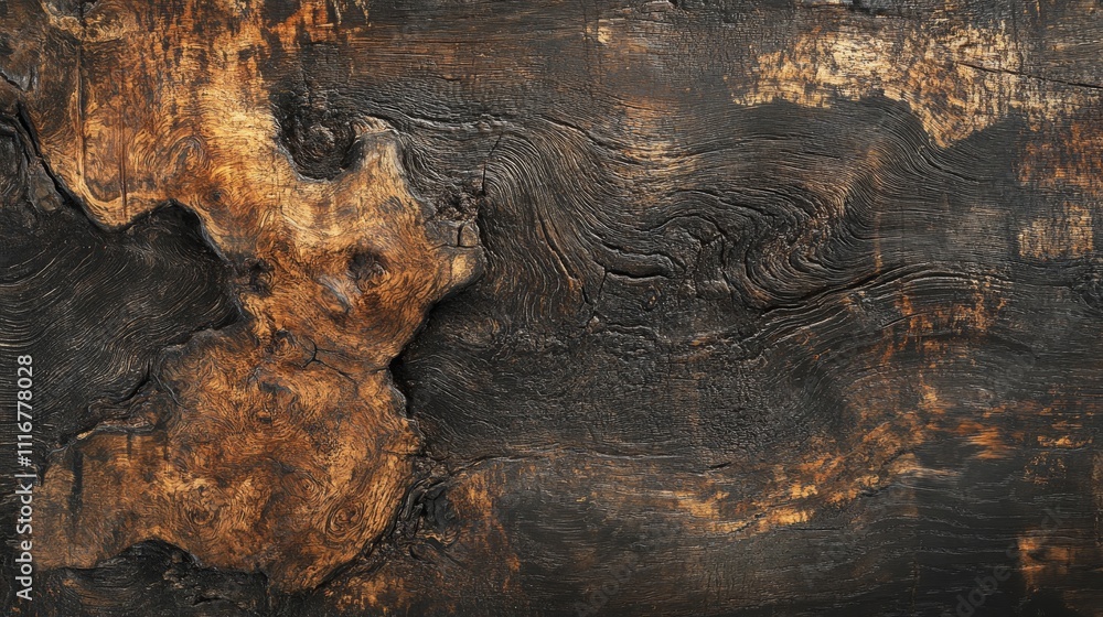 Poster textured wooden surface with burnt patterns, rustic design element concept