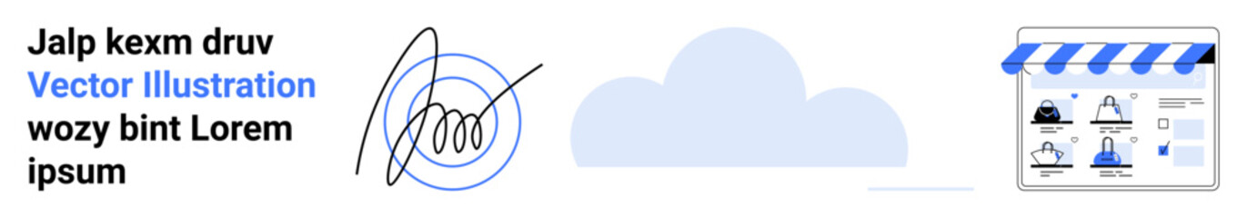 Pen signature on paper representing document signing, cloud icon for data storage, online storefront with product listings. Ideal for legal documents, cloud computing, e-commerce, digital