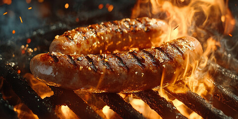 Wurst on the barbecue grill with fire, sparks and smoke