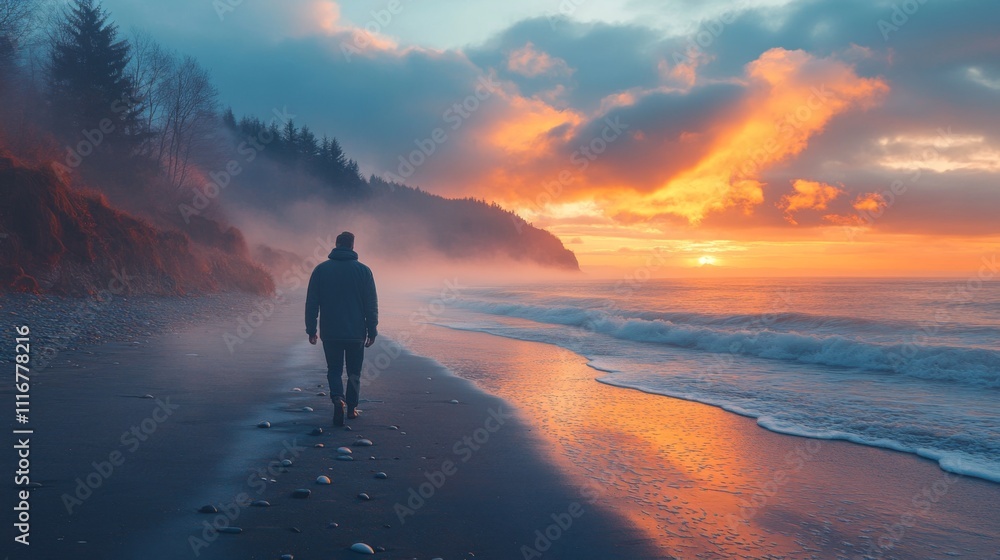 Poster a person strolls along a quiet beach as the sun sets, casting vibrant colors across the sky. waves g