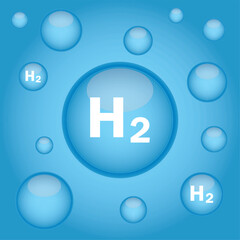 Hydrogen H2 blue bubbles background symbol. Chemical model. Concept of hydrogen H2. Renewable eco-energy. Hydrogen energy based on renewable energy sources and electricity. Vector illustration EPS.