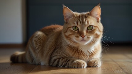 Orange tabby cat lying on hardwood floor, looking at camera.