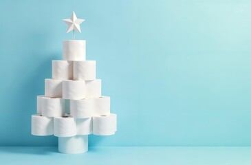 Christmas tree made of white toilet paper rolls, on a clean light blue background, space for text on the right 