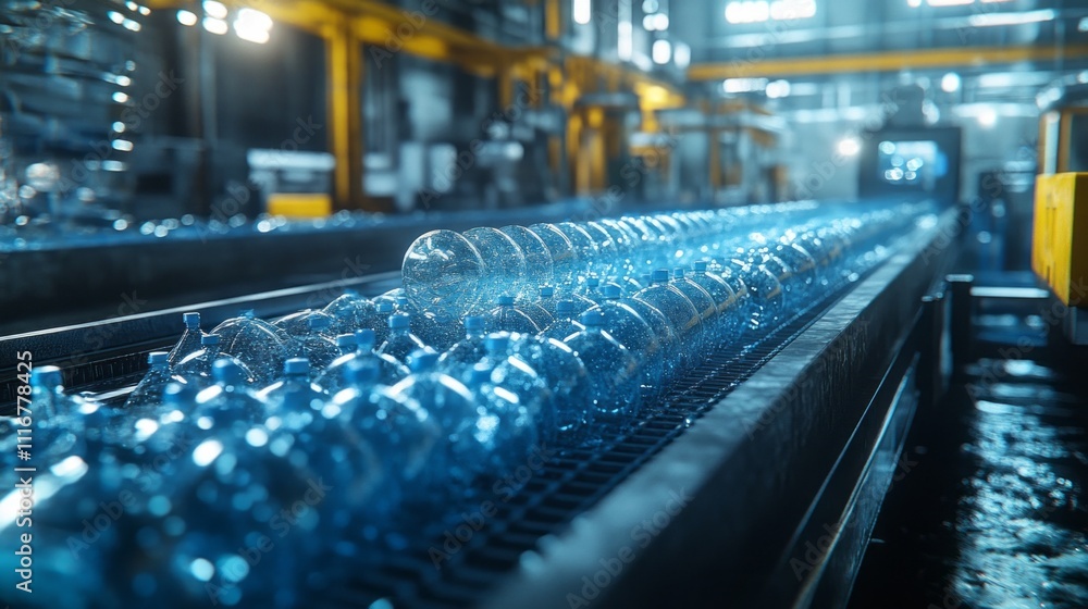 Poster rows of shimmering blue plastic bottles travel down an automated conveyor belt in a bustling factory