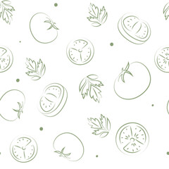 Vector illustration. Juicy summer background. Seamless pattern of halves, slices and leaves of tomatoes. Sketch style. Hand drawn kitchen ingredients in a seamless pattern for culinary themes.
