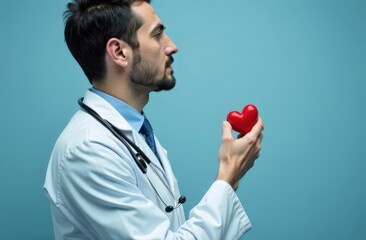 Doctor Man With Stethoscope In Hospital View Up To Neck, Red Heart Soft Toy In Hand