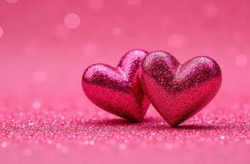Obraz premium Two Hearts On Pink Glitter In Shiny Background - Valentine's Day Concept
