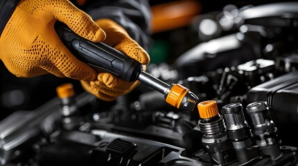 Skilled mechanic in action, tightening a car engine nut in a garage, hands with gloves gripping a wrench, focused expression, detailed engine parts--style raw