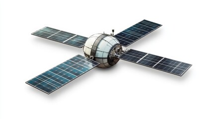 Modern satellite with advanced technology and sleek design, isolated on white background, representing aerospace innovation, communication systems, and scientific research.