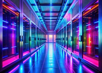 Fototapeta premium Sleek modern data center hallway features rows of server racks illuminated by LED lighting, showcasing an advanced, high-tech environment for IT infrastructure and network solutions.