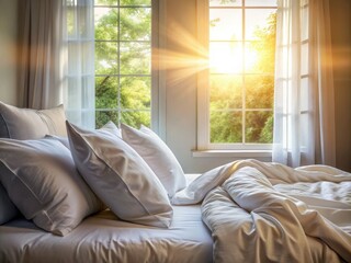 Fototapeta premium Soft sunlight spills over white bedding, highlighting inviting sheets and pillows. The serene bedroom ambiance promotes relaxation and comfort, creating a peaceful retreat.