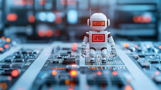 A small robot stands on a circuit board, surrounded by glowing lights, symbolizing technology and innovation in a futuristic setting.