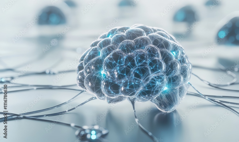 Poster a futuristic design of floating neural nodes implies digital intelligence on a white background