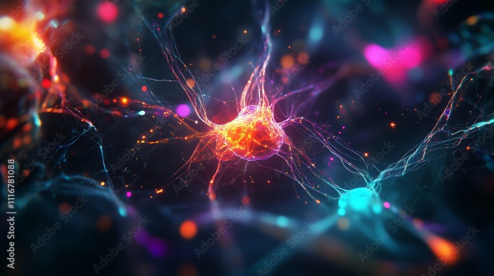 Poster glowing neural synapse with vibrant multi-colored communication signals image