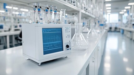 Fototapeta premium A modern laboratory setup featuring scientific equipment and glassware on a clean countertop.