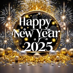 A vibrant "Happy New Year 2025" text surrounded by dazzling fireworks, creating a festive and celebratory atmosphere for the upcoming year