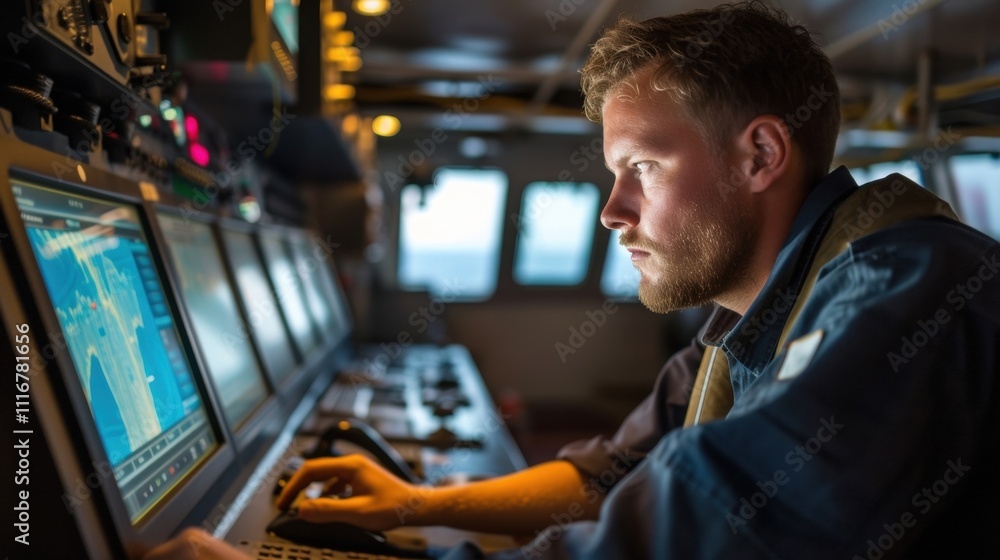 Aufkleber a sailor monitoring the ships navigation and cargo management systems from the control room utilizin