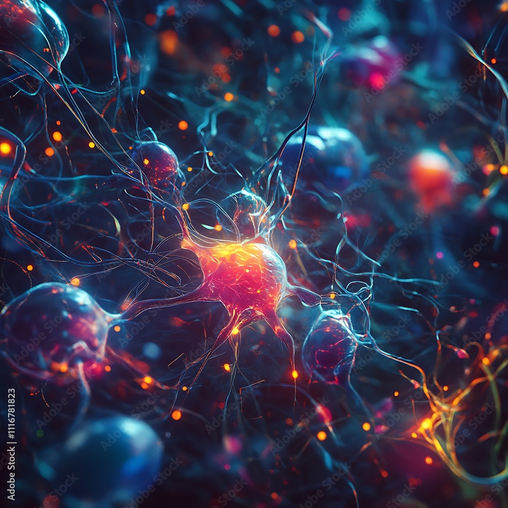 Poster glowing synapse connecting multi-colored neural pathways in vibrant display image