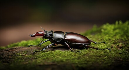 Stag beetle with shiny black and brown exoskeleton resting on moss-covered wood outdoors, AI