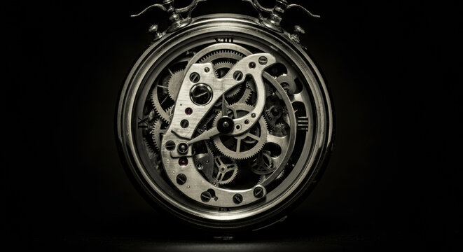 Intricate close-up of a vintage mechanical clock with exposed gears and cogs on a dark background, AI