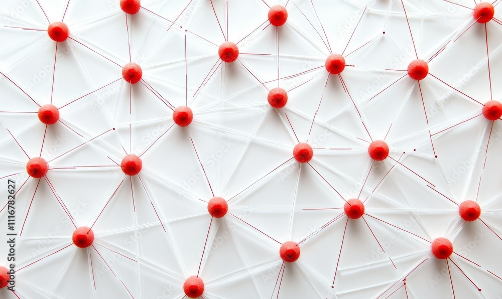 Poster an abstract network design with white lines and red dots, illustrating connections and collaboration
