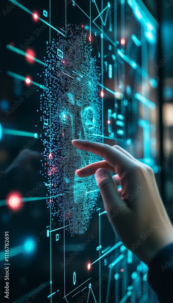 Poster hand engaging with advanced 3d facial recognition technology on a modern computer interface