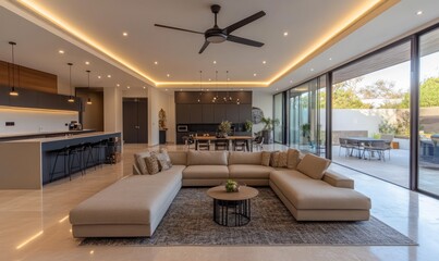 A modern minimalist round ceiling fan with LED lights in the middle of an open plan living room.