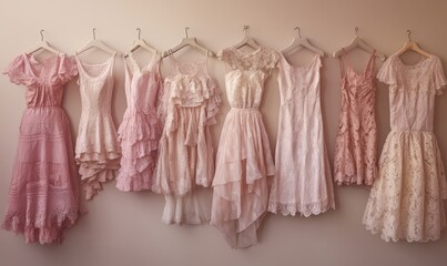 An elegant and sophisticated collection of lace dresses in various shades of pink, hung on a beige wall.