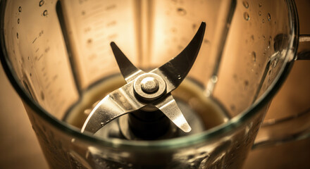 Close-up of stainless steel blender blades inside a glass jar, illuminated with warm lighting, AI