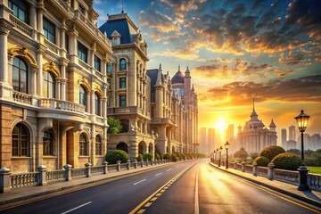 Fototapeta premium The morning sun casts a warm glow over an opulent street, highlighting magnificent architectural designs behind it, capturing the essence of urban charm through cinematic imagery.